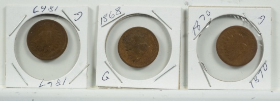 1867 68 70 Indian Head Cents 3 Coins Good