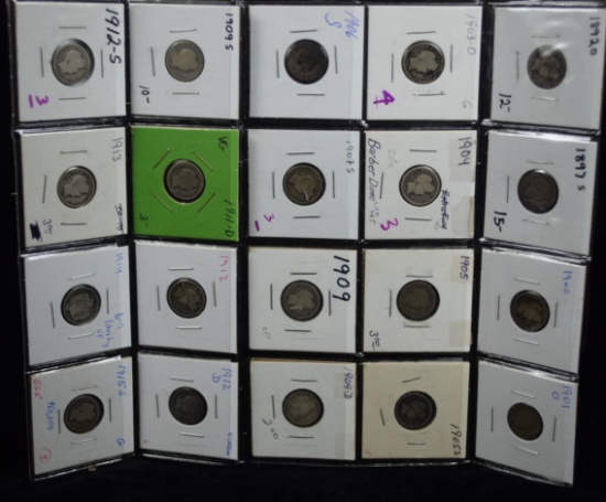 Sheet of 20 Barber Dimes Different Dates & Mints