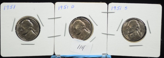 3 Coin Set 1951 P/D/S Jefferson 5c Nickel BU