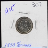 1853 Seated Dime w/Arrows AU Plus