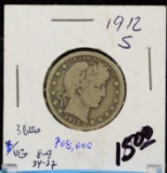 1912-S Barber Quarter Semi Key VG