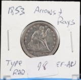 1853 Seated Liberty Quarter Arrows and Rays XF-AU