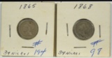 1865 & 1868 Three Cent Nickels 2 Coins