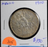 1910 Mexico Un Peso Estados Unidos Choice Unciculated