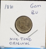 1881 Three Cent Nickel GEM BU Nice Toning