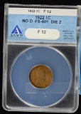 1922 Lincoln Cent Plain Die 2 Strong REV ANACS F-12