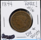 1844 Large Cent Die Variety Star 44/81 Rare