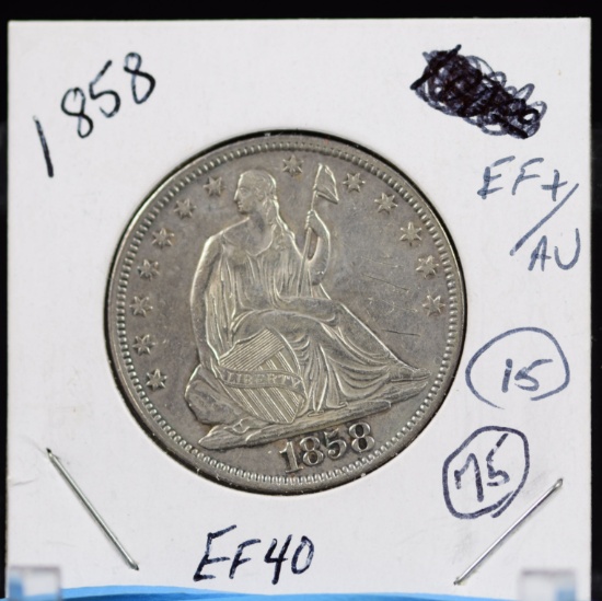 1858 Seated Liberty silver half Dollar Extra Fine/AU