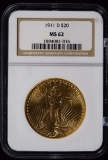 1911-D $20 Gold St Gaudens Double Eagle NGC MS-62