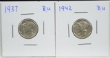 1937 & 1942 Mercury Dimes BU