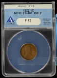 1922 NO D Lincoln Cent ANACS F-12 FS401 Die 12