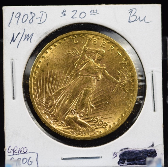 1908-D $20 Gold No Motto St Gaudens Double Eagle PCGS MS-62