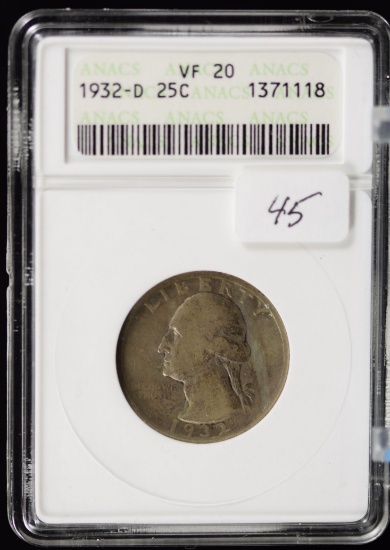 1932-D Washington Silver Quarter Key Date ANACS Very Fine
