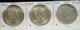 1922 3 Peace Dollars MS 60/63 3 Coins