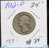 1932-D Washington Silver Quarter Key Date Very Good