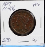 1847 Braided Hair Large Cent Very Fine, Repunched Date Variety