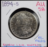 1894-S Morgan Dollar AU 58 PL Strike Thru OBV
