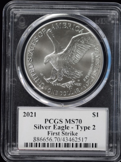 2021 American Silver Eagle Ty 2 PCGS MS70 1st Strike Cleveland Blk Label