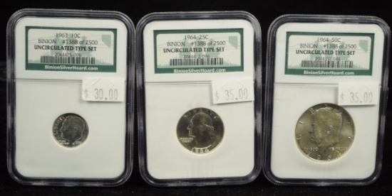 Silver Binion 3 Coin Set Roosevelt Washington Kennedy NGC