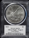 2021 American Silver Eagle Ty 2 PCGS MS70 1st Strike Cleveland Blk Label
