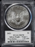 2021 American Silver Eagle Ty 1 PCGS MS70 1/1000 1st Strike Buckley