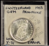 1953 Switzerland 2Fr PL GEM Low Mintage Error