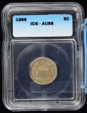 1869 Shield Nickel ICG AU-58
