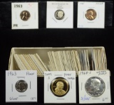 Box of Proof Coins 55 Pieces Silver, Dollars Halves, Etc