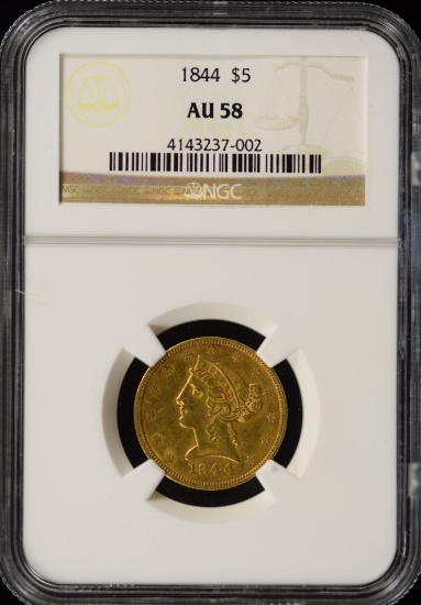 1844 $5 Gold Liberty NGC AU-58