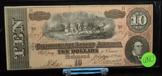 1864 $10 Confederate States of America UNC Great Color