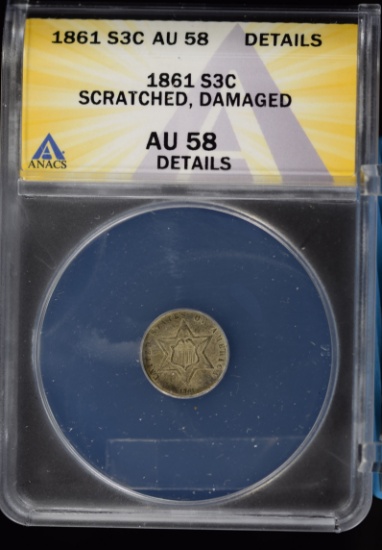 1861 3 Cent Silver ANACS AU58 Details