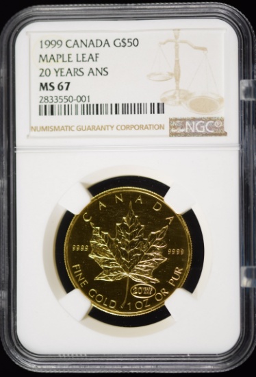 1999 Gold $50 Canada NGC MS-67 Maple Leaf