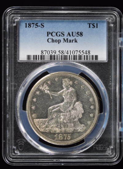 1875-S Trade Dollar PCGS AU58 Chopped Mark CH White