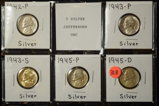 5 War Time Silver Nickels UNC