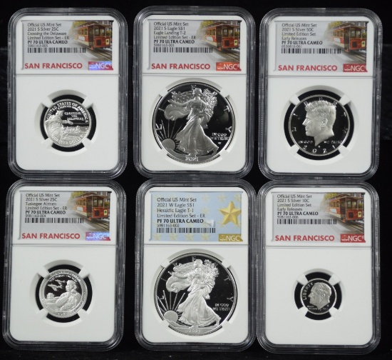 2021 US Mint W/S Silver All NGC PF-70 UC 6 Coin Complete Set