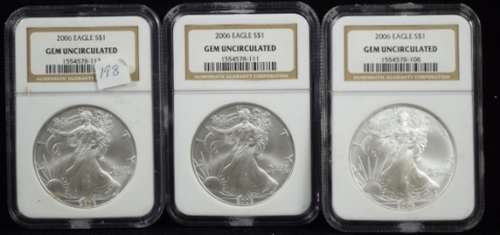 2006 3 American Silver Eagles GEM UNC NGC