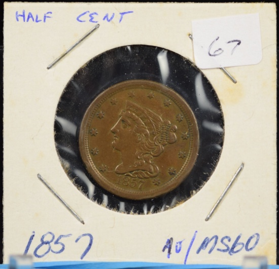 1857 Half Cent Braided AU/UNC