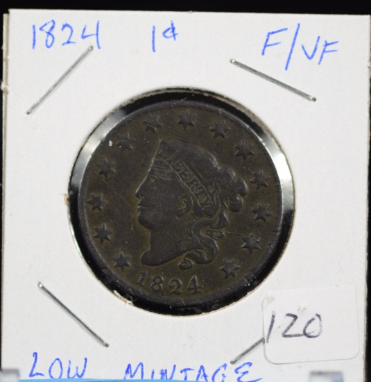 1824 Large Cent Low Mintage F VF