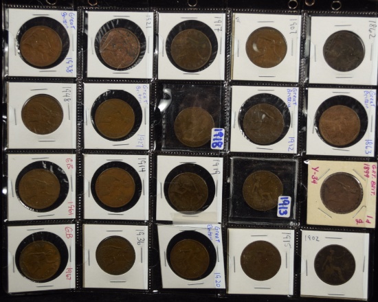 Group of 20 Great Britain Large Cents 1862-1967