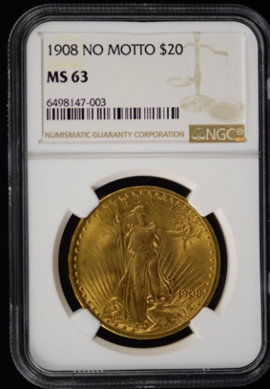 1908 $20 Gold St Gaudens No Motto NGC MS-63