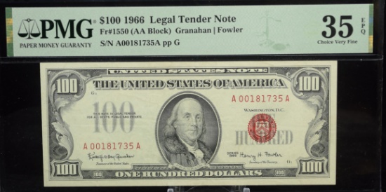 $100 1966 Red Seal Legal Tender A00181735 PMG35EPQ VF
