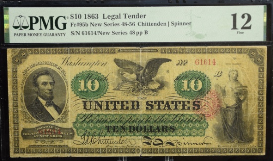 $10 1863 Legal Tender 61614 New Series PMG12 Fine