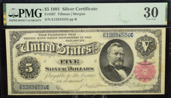 $5 1891 Silver Certificate E12834534 PMG30 Very Fine