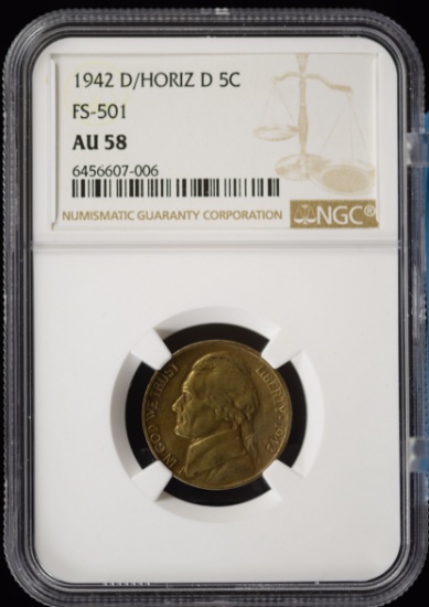 1942-D Over Horizontal D Jefferson Nickel NGC AU-58 Rare FS501