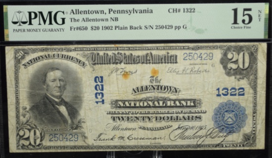 $20 1902 National Lg Note Allentown PA PMG15 CH F
