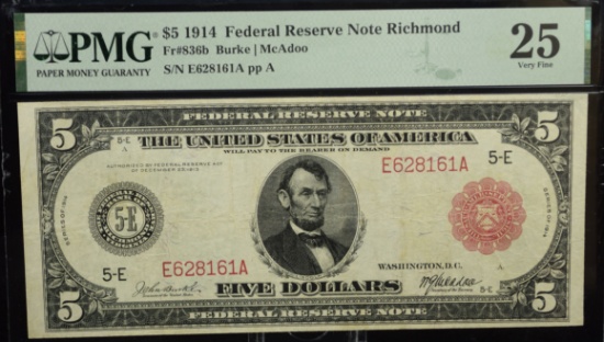 $5 1914 Red Seal FRSN Richmond E628161 PMG25 VF