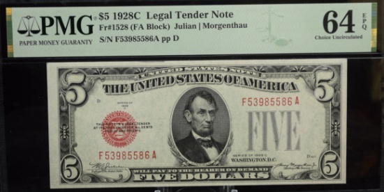 $5 1928C Red Seal Legal Tender F53985586A PMG64EPQ UNC