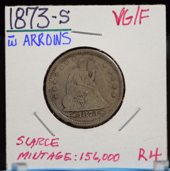 1873-S Seated Quarter VG/F Arrows Mint 156K
