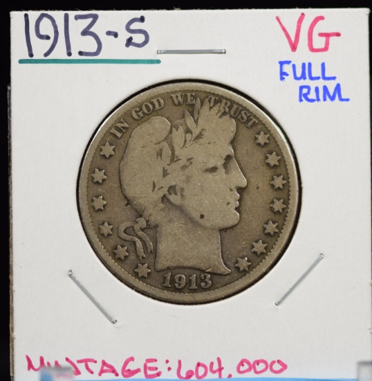 1913-S Barber Half Dollar VG Mintage 604K