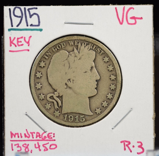 1915 Barber Half Dollar VG R3 Key Mintage 138K